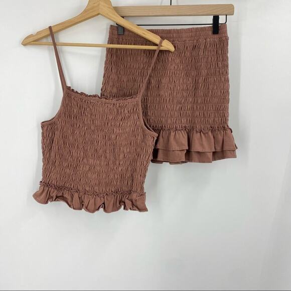 NEW Anthropologie 2 Piece Forever That Girl Smocked Ruffle Skirt Set Brown sz S - Picture 5 of 8